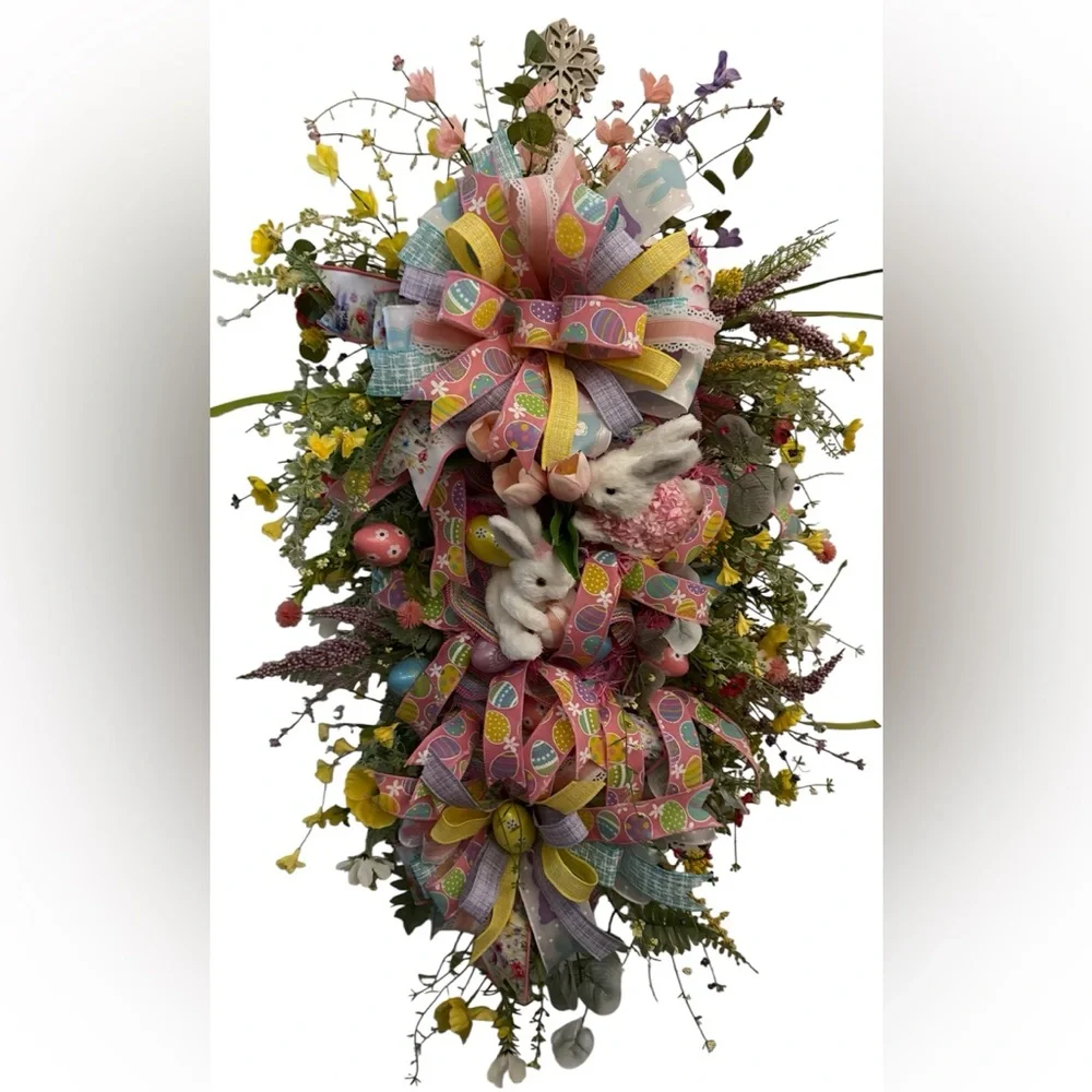 Easter Bunny Floral Wreath with Multicolor Accents